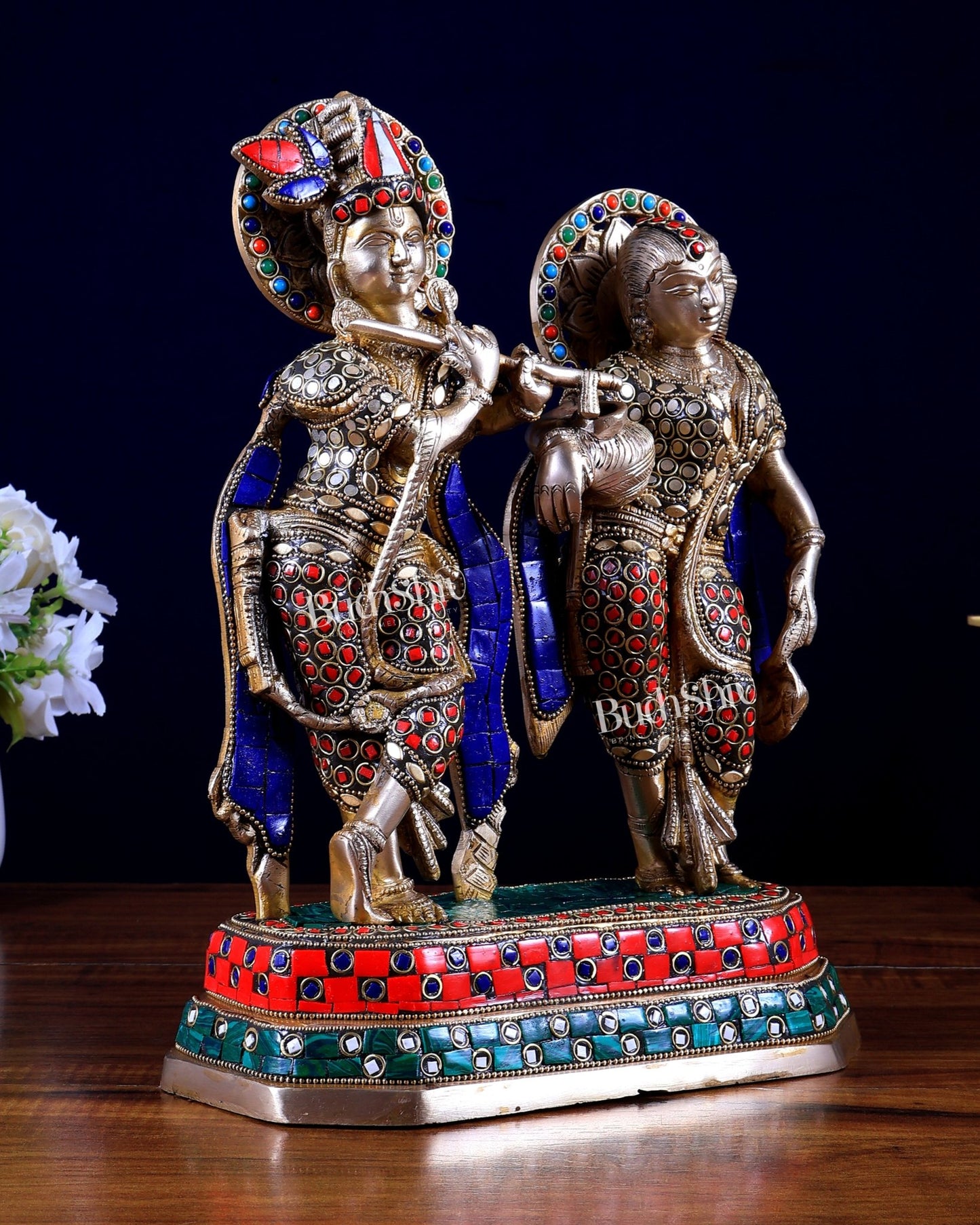 Brass Radha Krishna Idol with Stonework – 12 Inch | Premium Handmade Statue | BudhShiv - Budhshiv.com