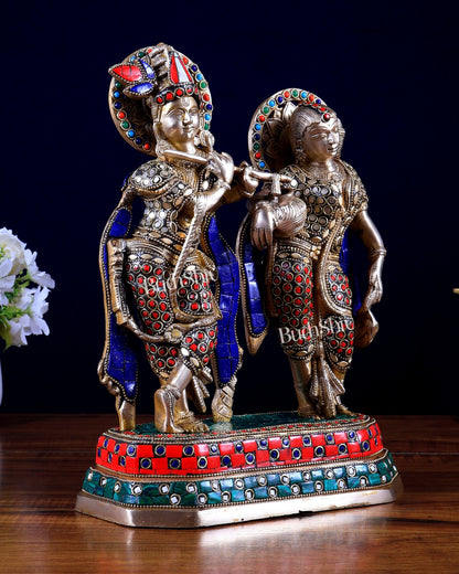 Brass Radha Krishna Idol with Stonework – 12 Inch | Premium Handmade Statue | BudhShiv - Budhshiv.com