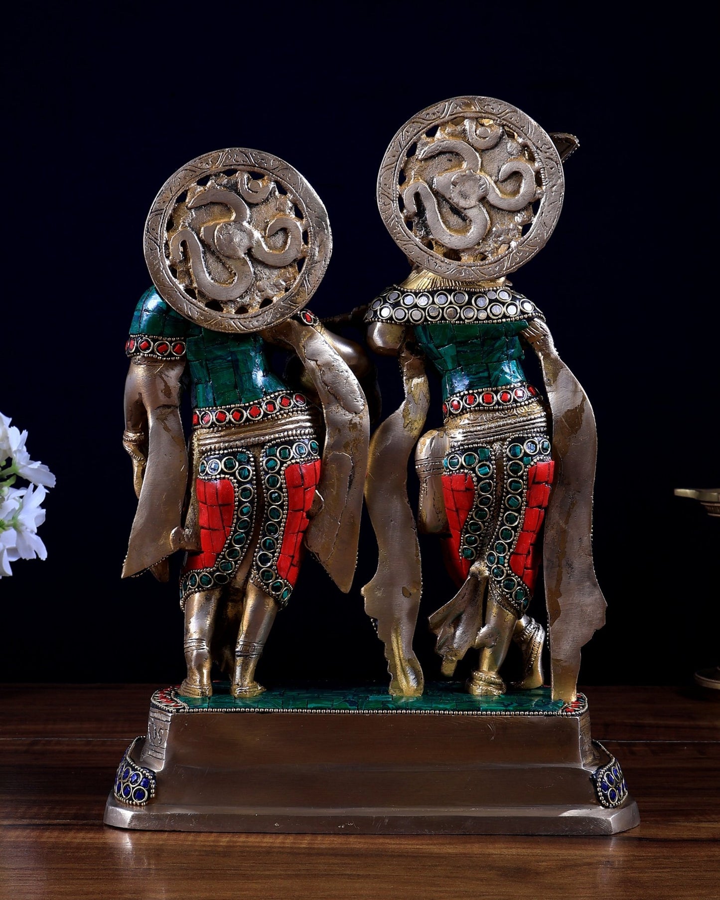 Brass Radha Krishna Idol with Stonework – 12 Inch | Premium Handmade Statue | BudhShiv - Budhshiv.com