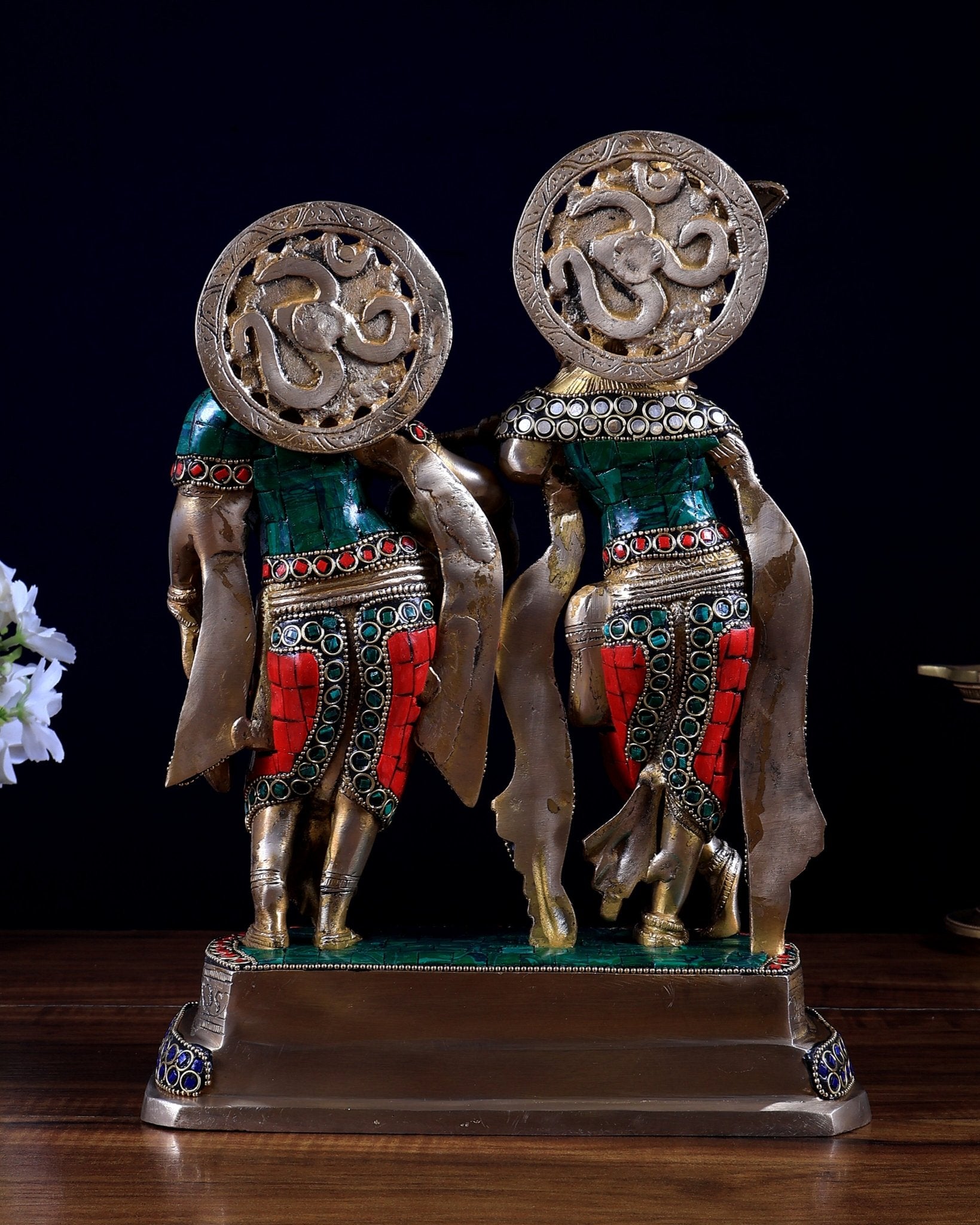 Brass Radha Krishna Idol with Stonework – 12 Inch | Premium Handmade Statue | BudhShiv - Budhshiv.com