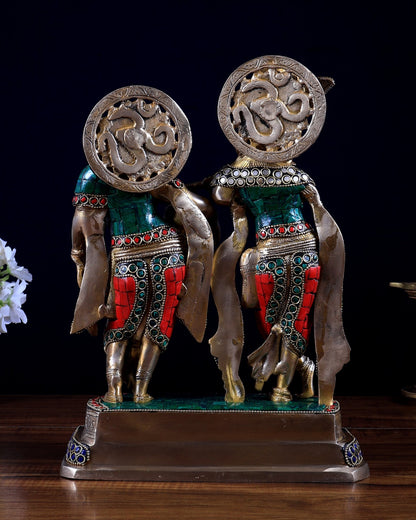 Brass Radha Krishna Idol with Stonework – 12 Inch | Premium Handmade Statue | BudhShiv - Budhshiv.com