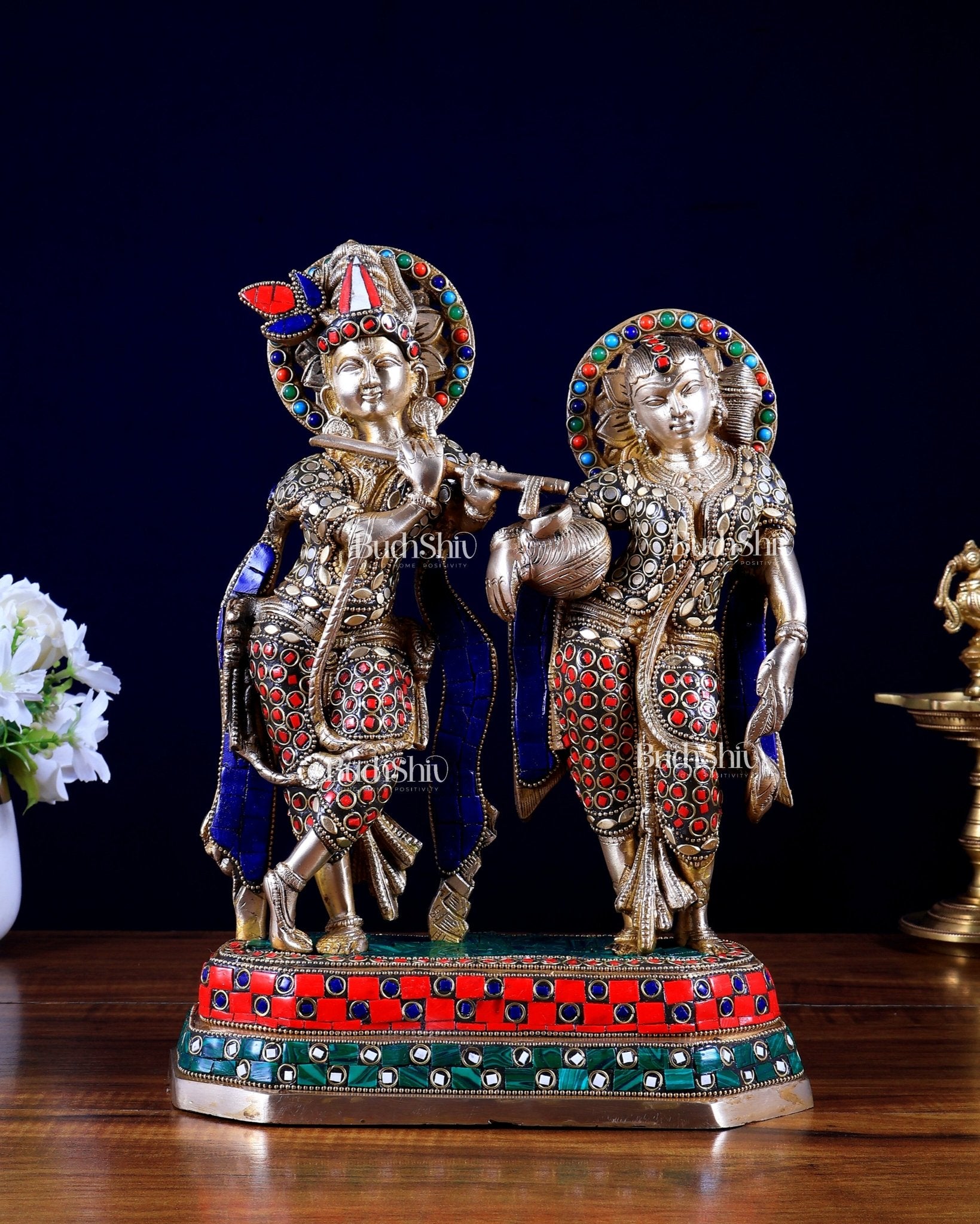 Brass Radha Krishna Idol with Stonework – 12 Inch | Premium Handmade Statue | BudhShiv - Budhshiv.com