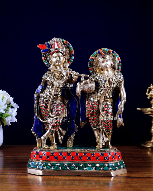 Brass Radha Krishna Idol with Stonework – 12 Inch | Premium Handmade Statue | BudhShiv - Budhshiv.com