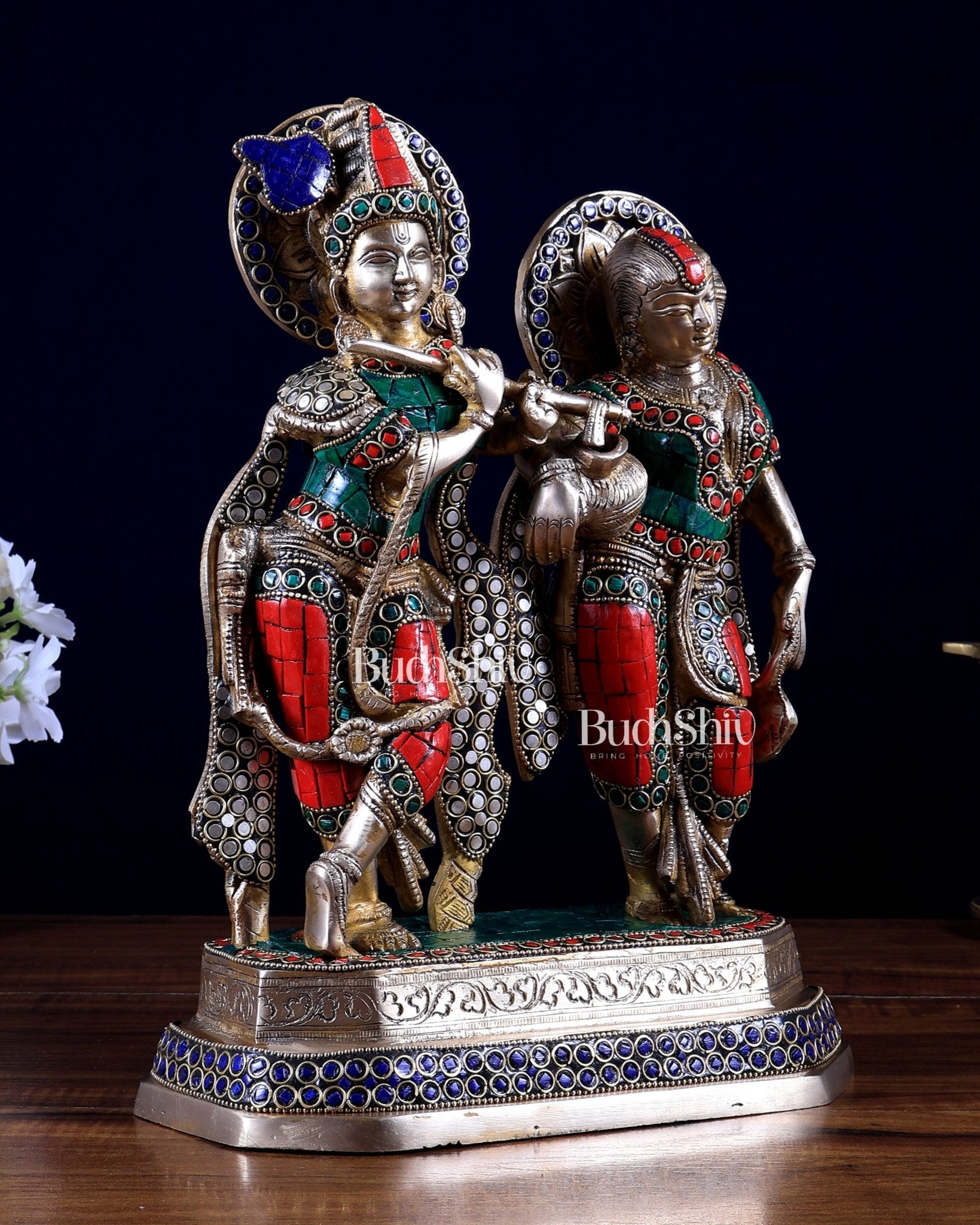 Brass Radha Krishna Idol with Stonework – 12 Inch | Premium Handmade Statue | BudhShiv - Budhshiv.com