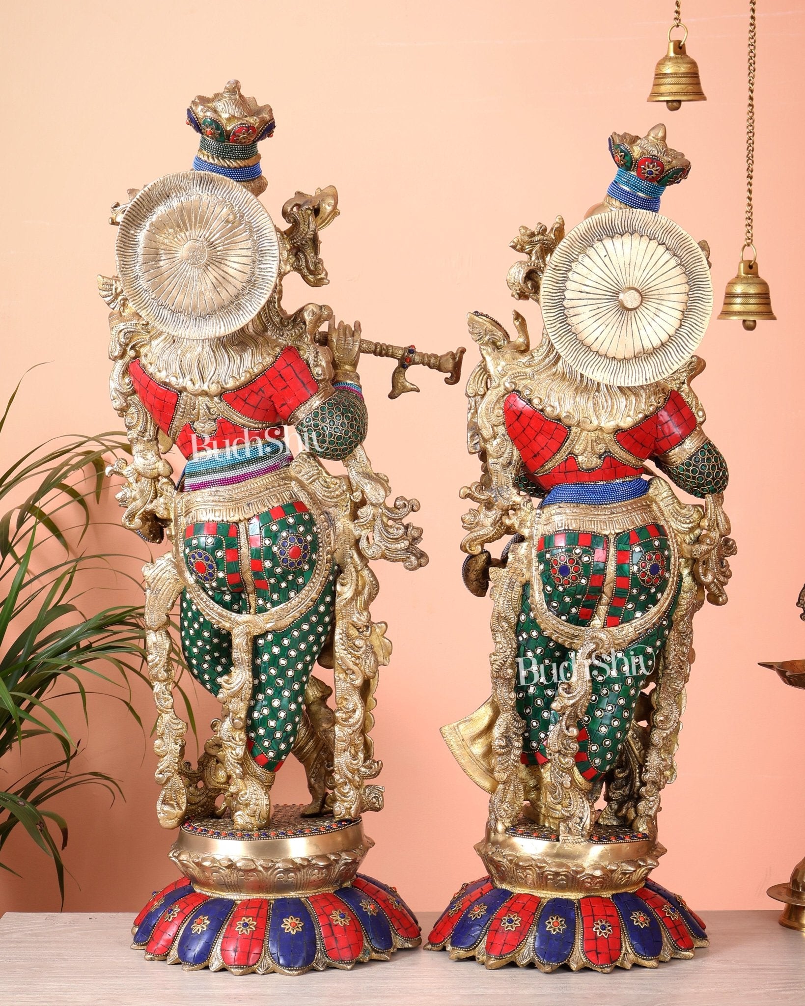 Brass Radha Krishna Idols - 27" Multicolour stonework - Budhshiv.com