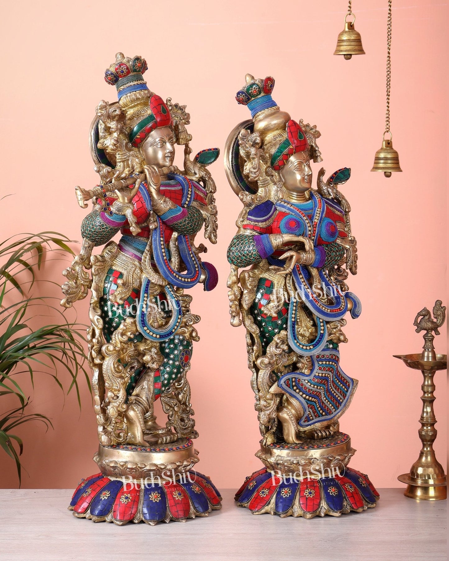 Brass Radha Krishna Idols - 27" Multicolour stonework - Budhshiv.com