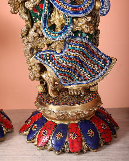 Brass Radha Krishna Idols - 27" Multicolour stonework - Budhshiv.com