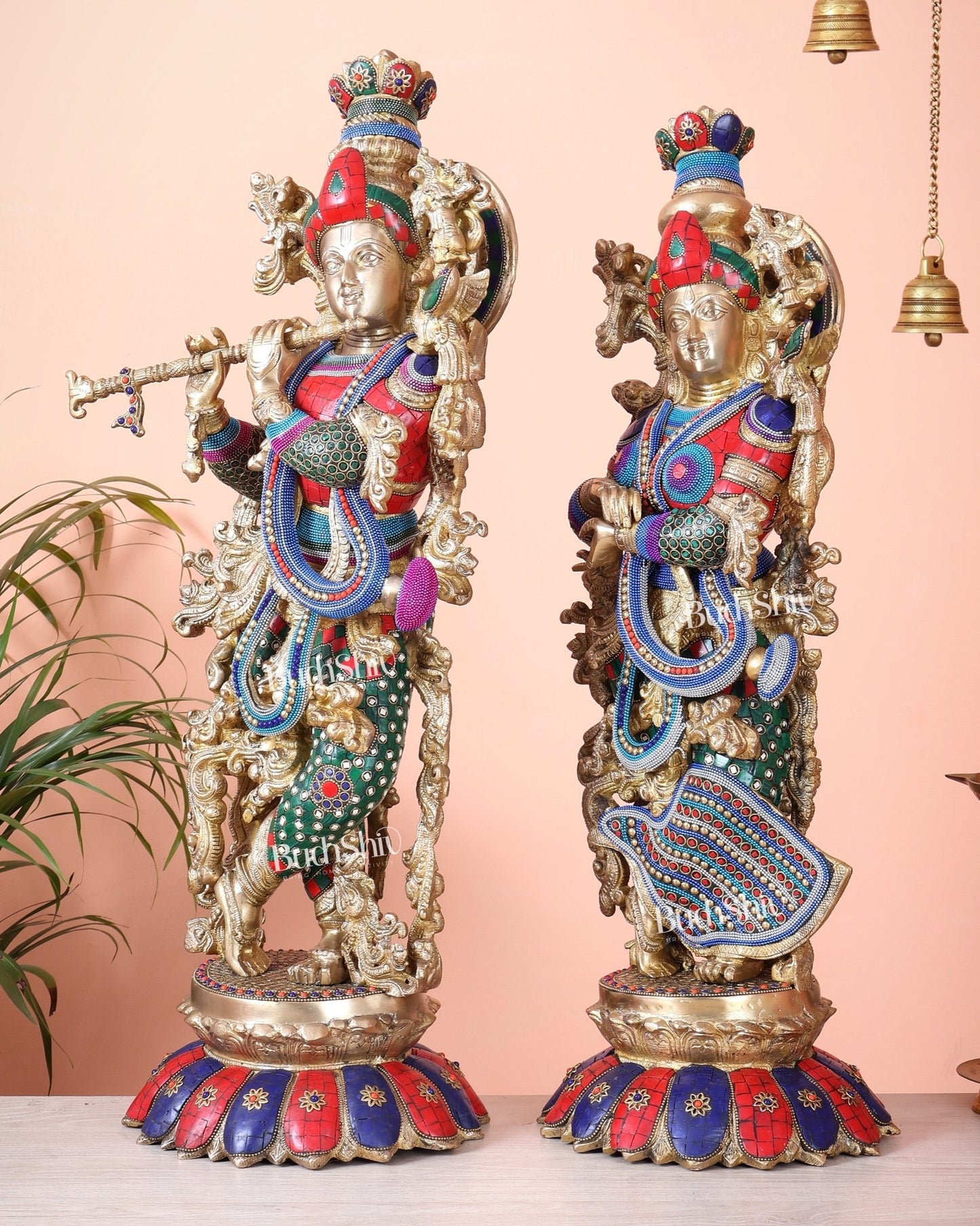 Brass Radha Krishna Idols - 27" Multicolour stonework - Budhshiv.com