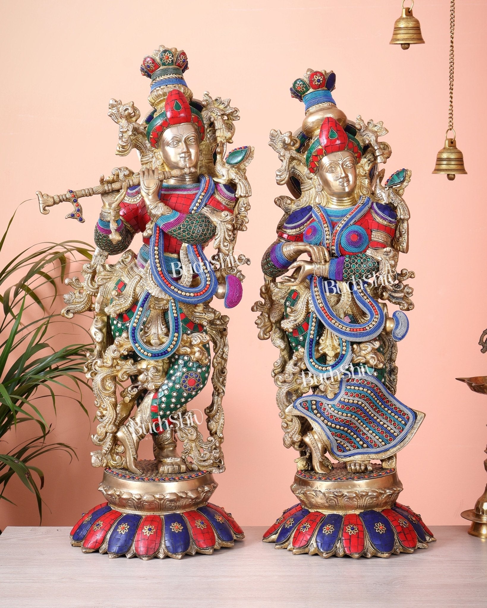 Brass Radha Krishna Idols - 27" Multicolour stonework - Budhshiv.com