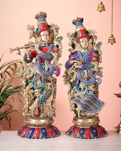 Brass Radha Krishna Idols - 27" Multicolour stonework - Budhshiv.com