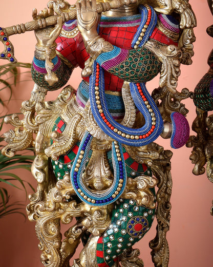 Brass Radha Krishna Idols - 27" Multicolour stonework - Budhshiv.com