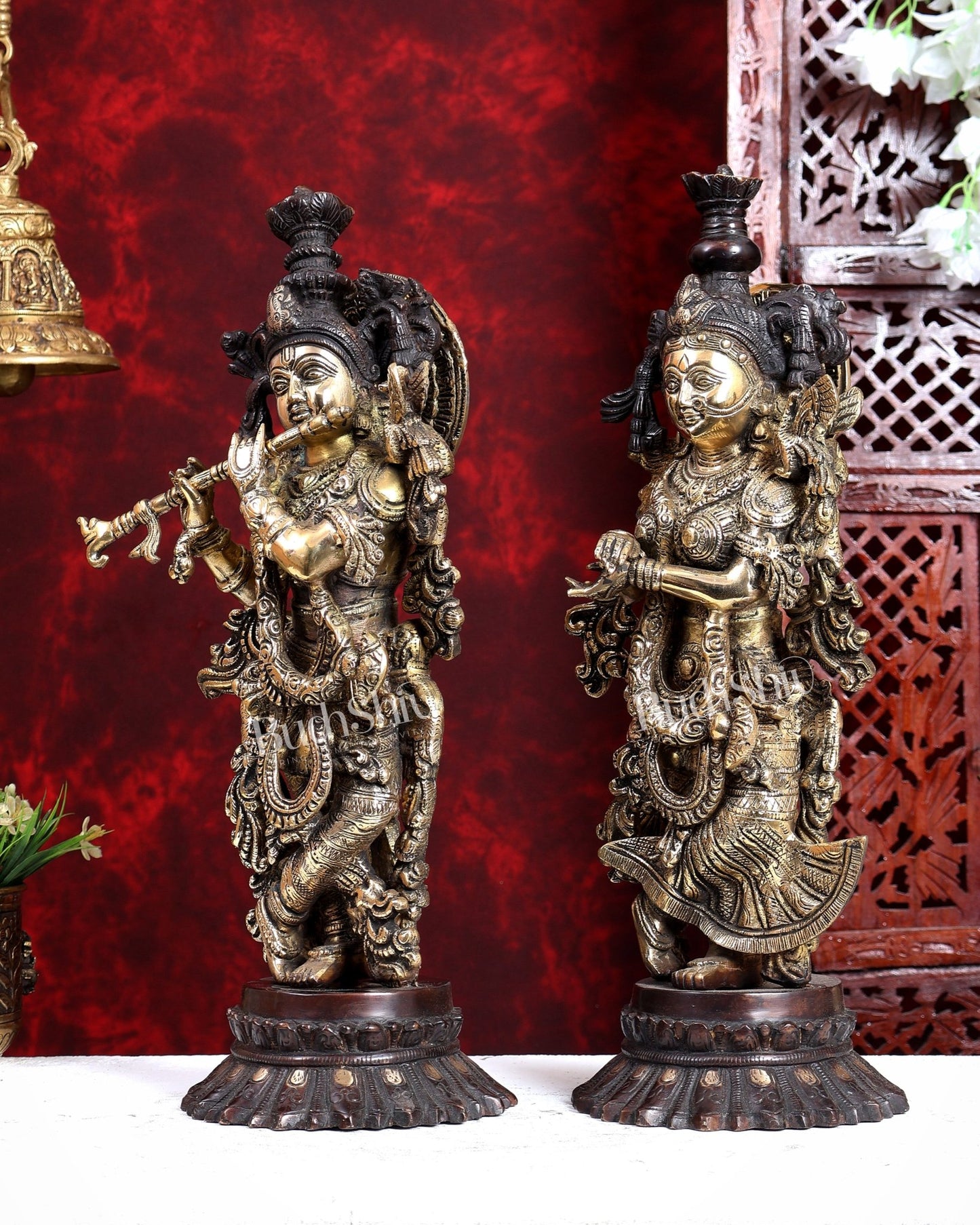 Brass Radha Krishna Idols on Lotus Base 21 inch dual tone - Budhshiv.com