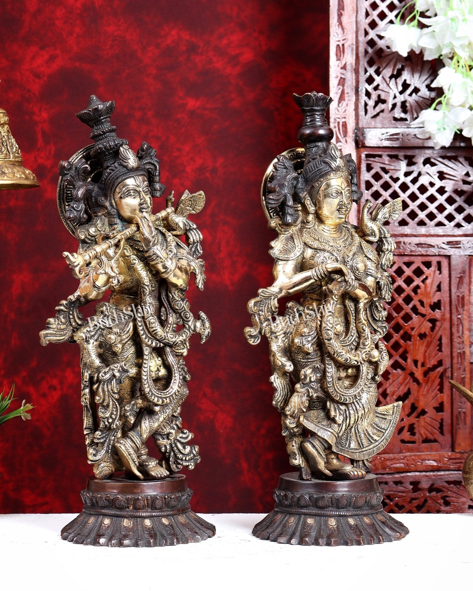 Brass Radha Krishna Idols on Lotus Base 21 inch dual tone - Budhshiv.com
