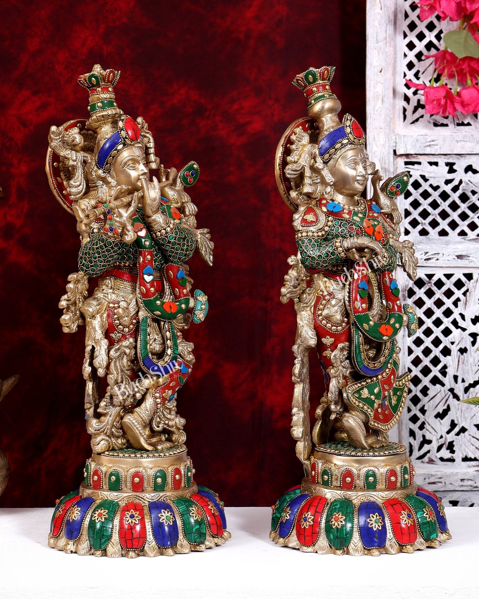 Brass Radha Krishna Idols on Lotus Base – Fine Craft Divine Pair (21 Inch) meenakari Stonework - Budhshiv.com