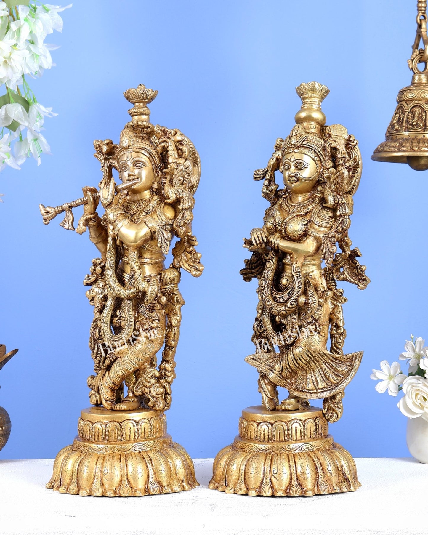 Brass Radha Krishna Idols on Lotus Base – Fine Craft Divine Pair (21 Inch) - Budhshiv.com
