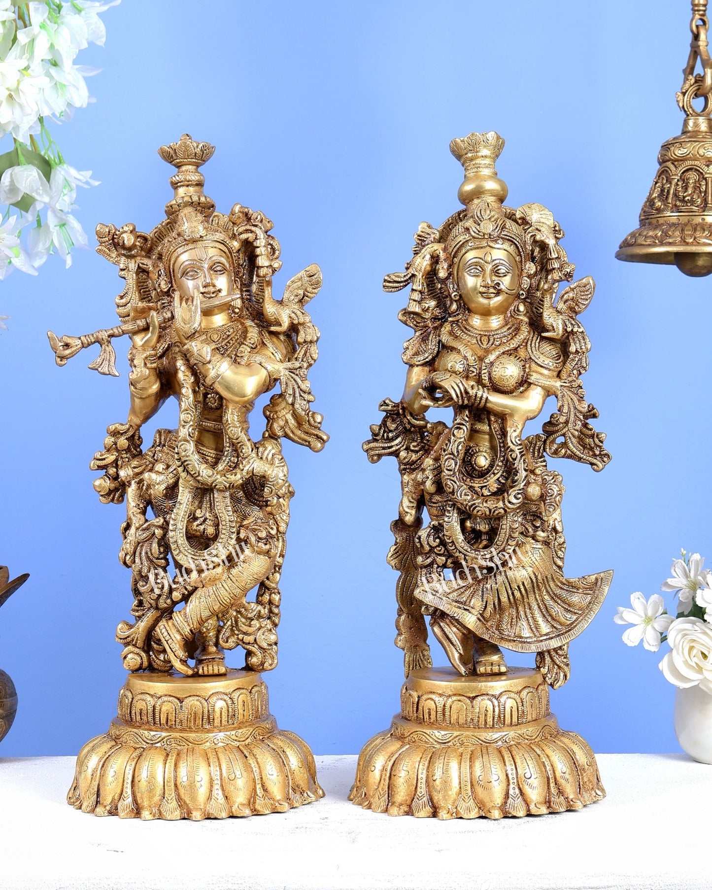 Brass Radha Krishna Idols on Lotus Base – Fine Craft Divine Pair (21 Inch) - Budhshiv.com