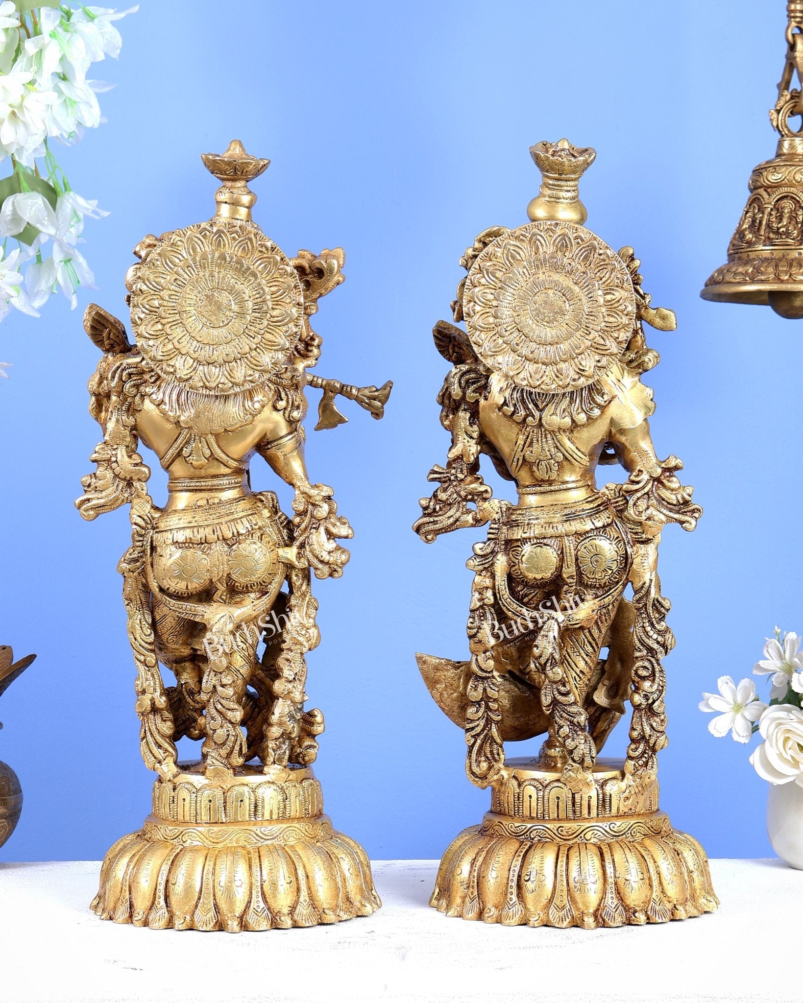 Brass Radha Krishna Idols on Lotus Base – Fine Craft Divine Pair (21 Inch) - Budhshiv.com