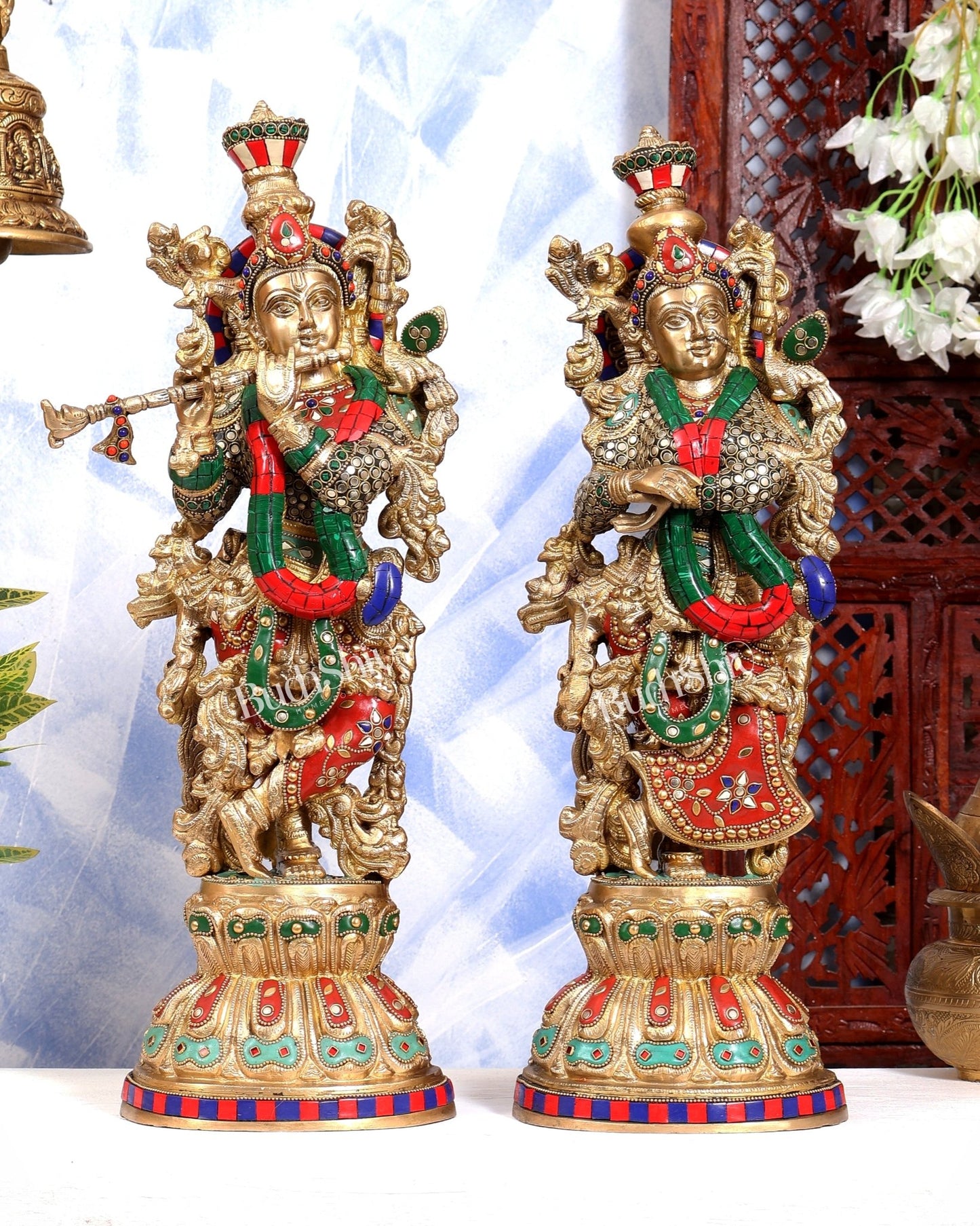 Brass Radha Krishna idols pair stonework - 21 inch - Budhshiv.com