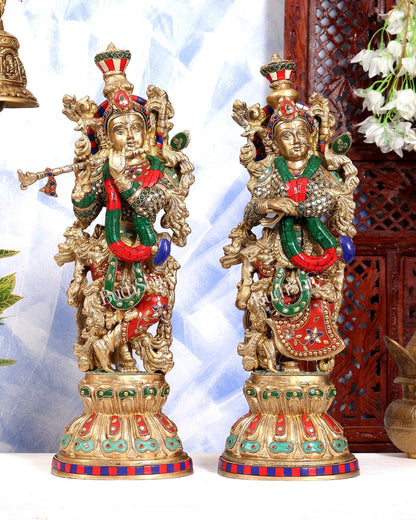 Brass Radha Krishna idols pair stonework - 21 inch - Budhshiv.com