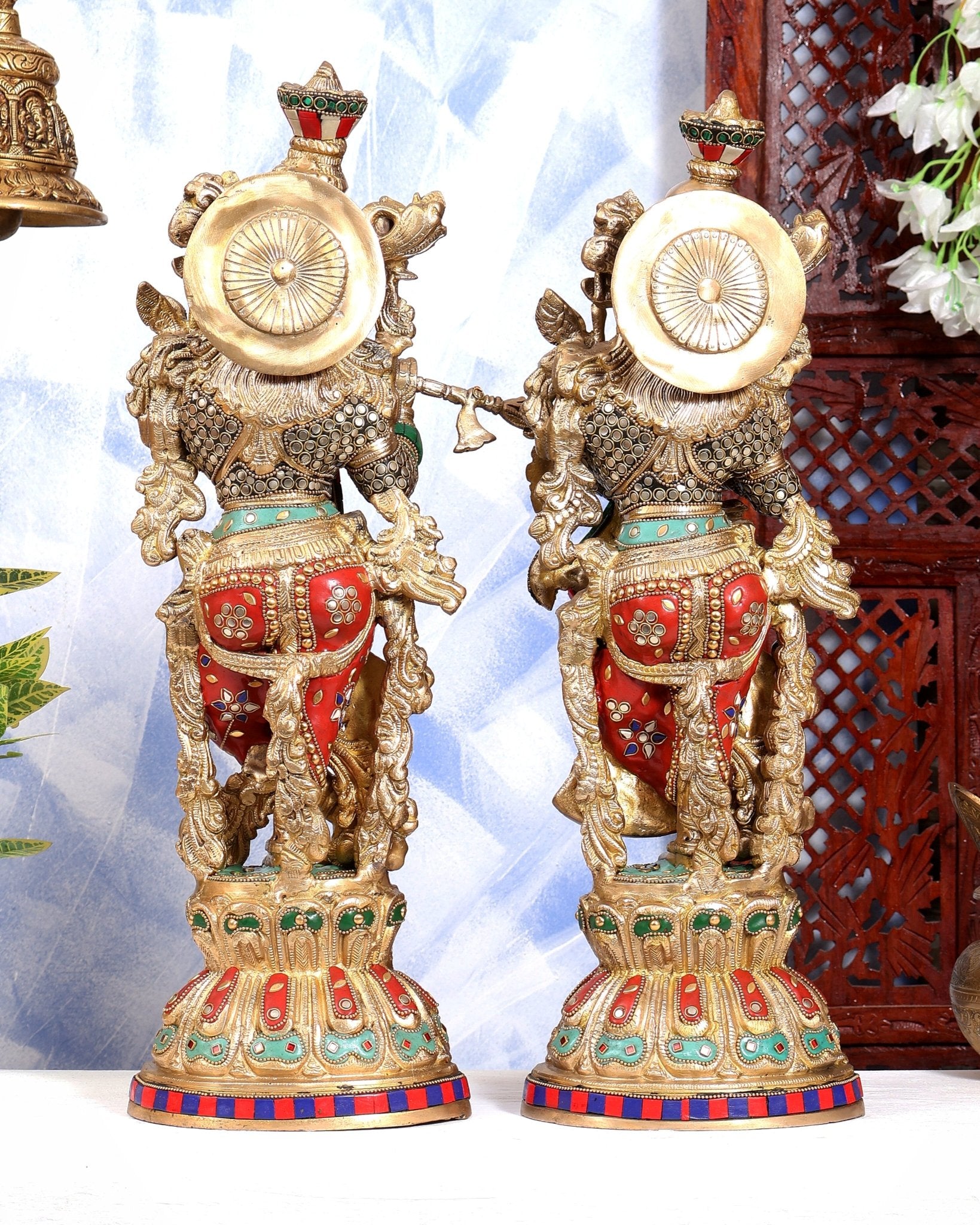 Brass Radha Krishna idols pair stonework - 21 inch - Budhshiv.com