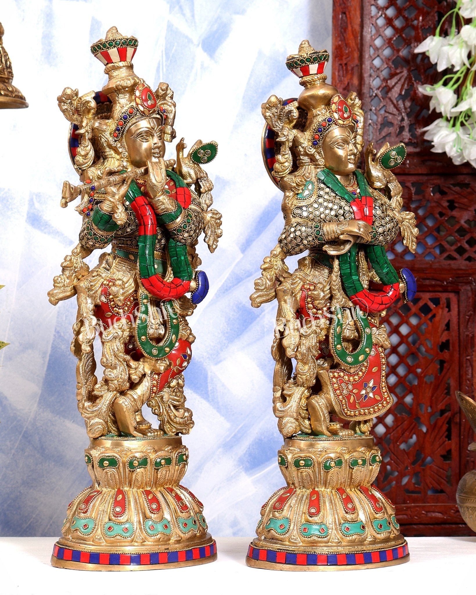Brass Radha Krishna idols pair stonework - 21 inch - Budhshiv.com