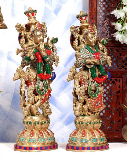 Brass Radha Krishna idols pair stonework - 21 inch - Budhshiv.com