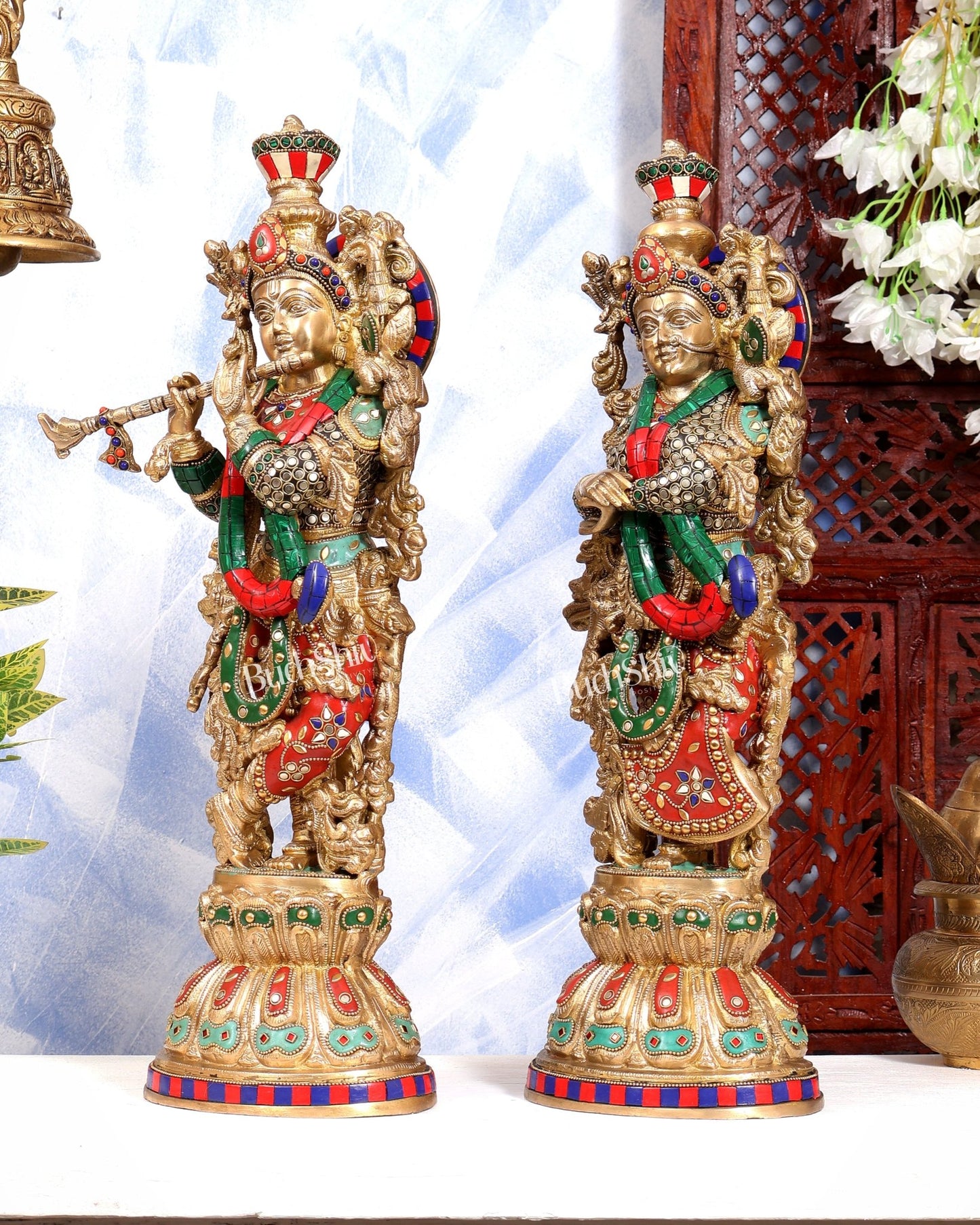 Brass Radha Krishna idols pair stonework - 21 inch - Budhshiv.com