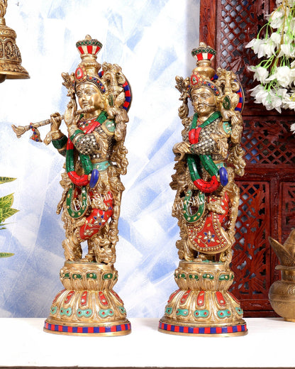 Brass Radha Krishna idols pair stonework - 21 inch - Budhshiv.com