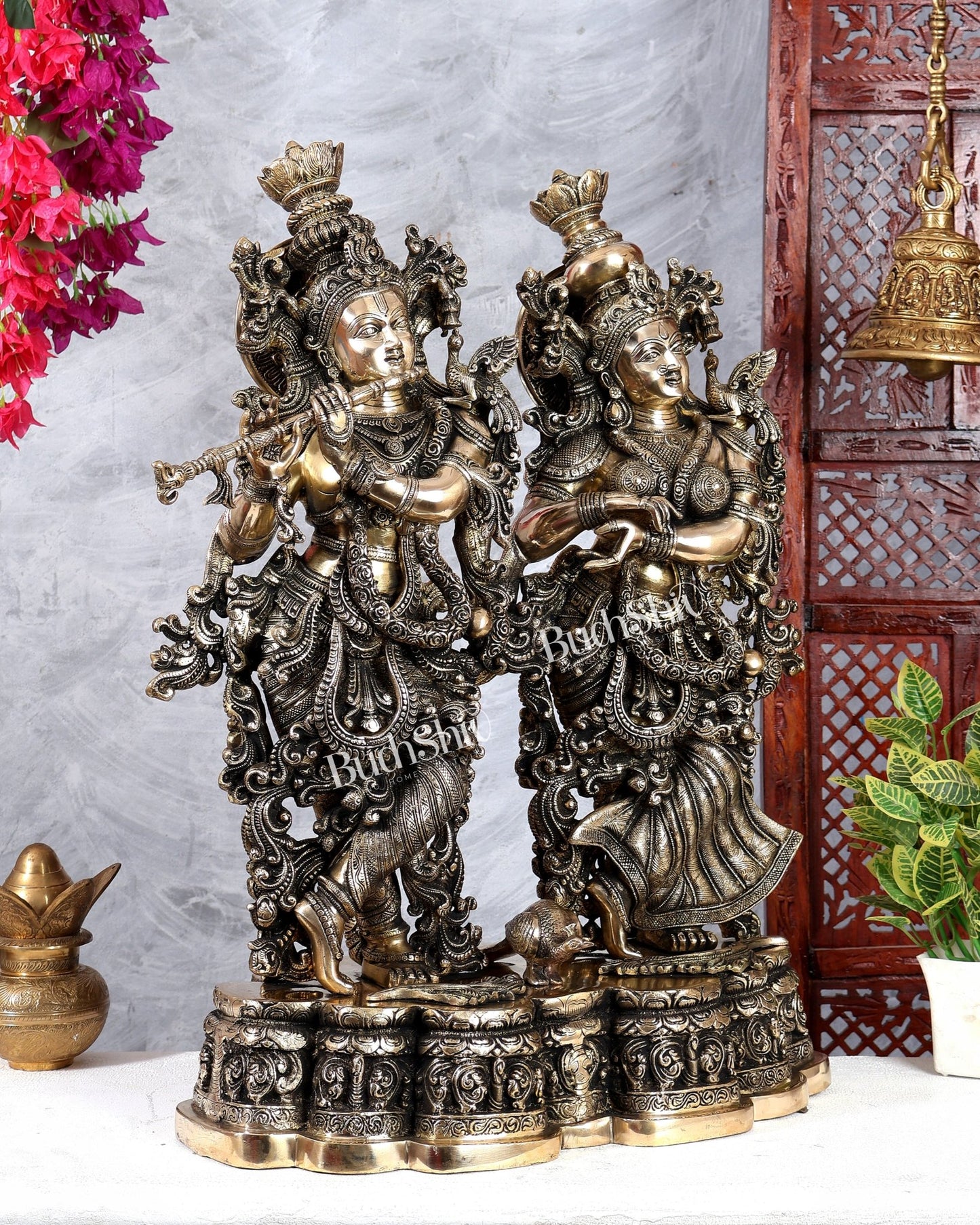 Brass Radha krishna Idols together on same base 29 inch large - Budhshiv.com