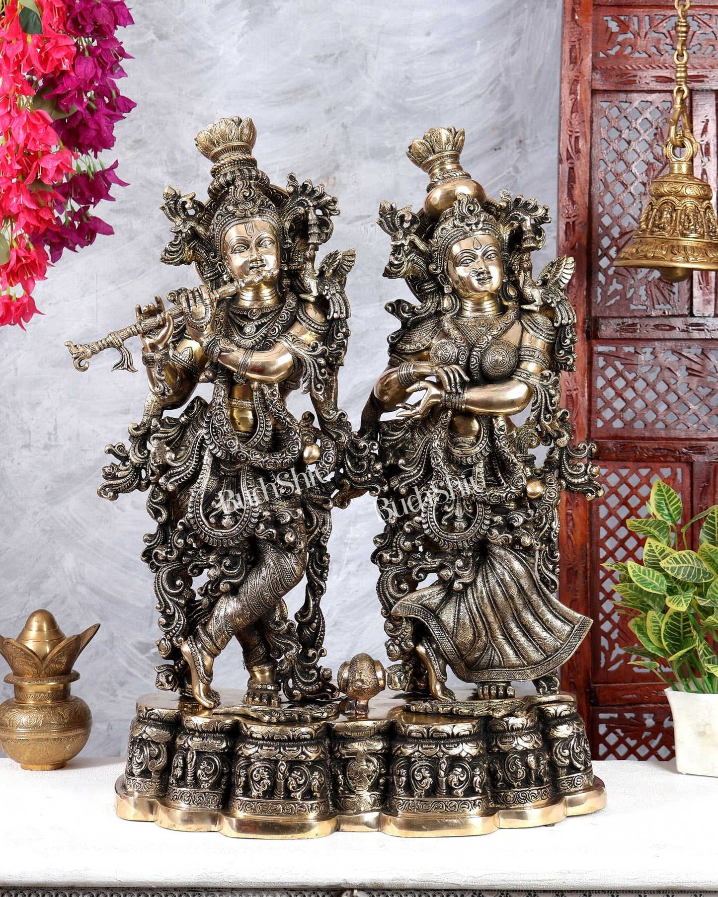 Brass Radha krishna Idols together on same base 29 inch large - Budhshiv.com