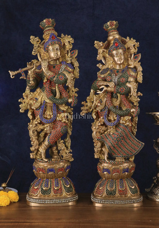 Brass Radha Krishna Idols with Meenakari jewel work - 29" Tall, 33 kg Pair - Budhshiv.com