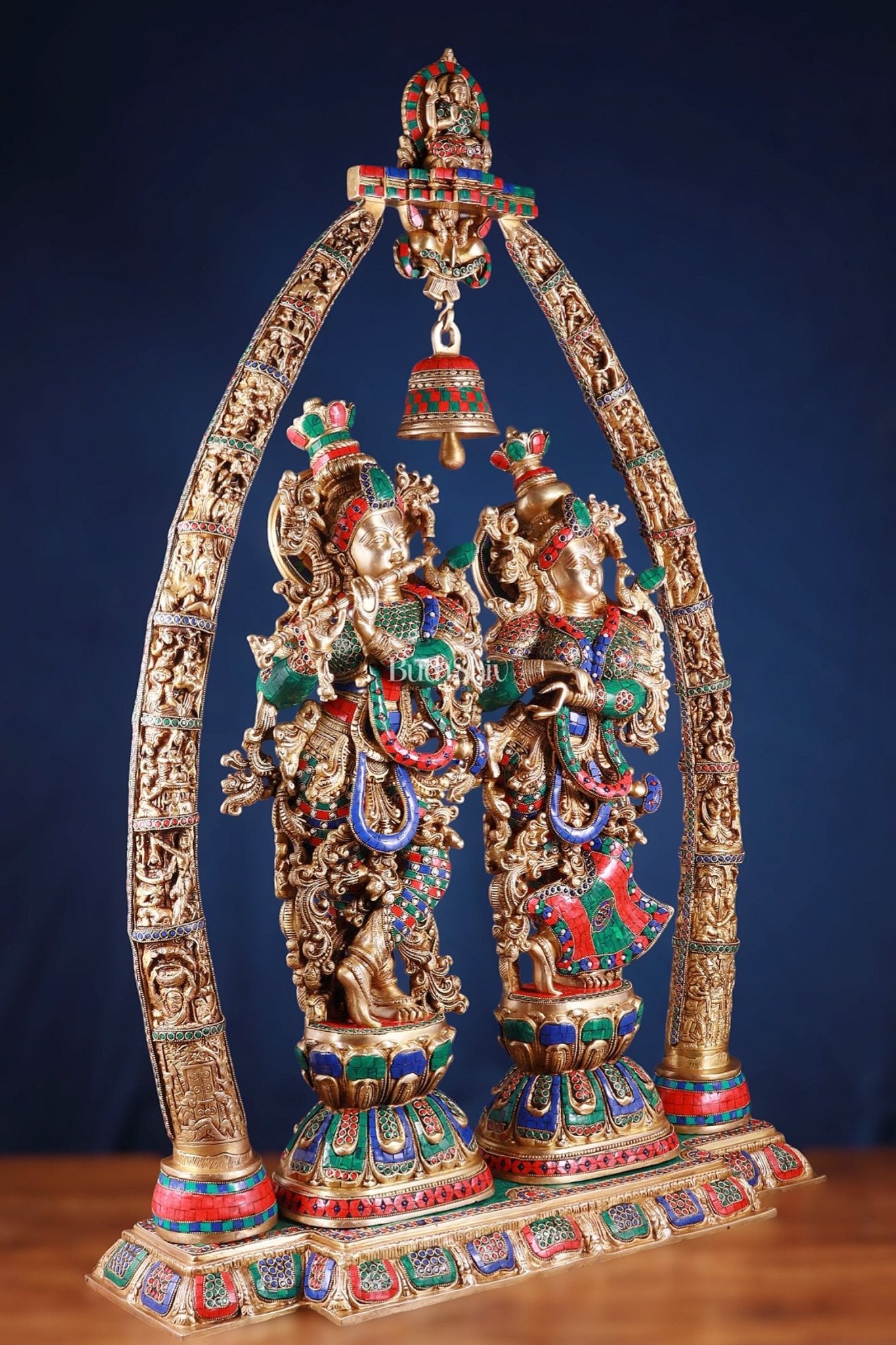 Brass Radha Krishna Idols with temple arch 45 inches - Budhshiv.com