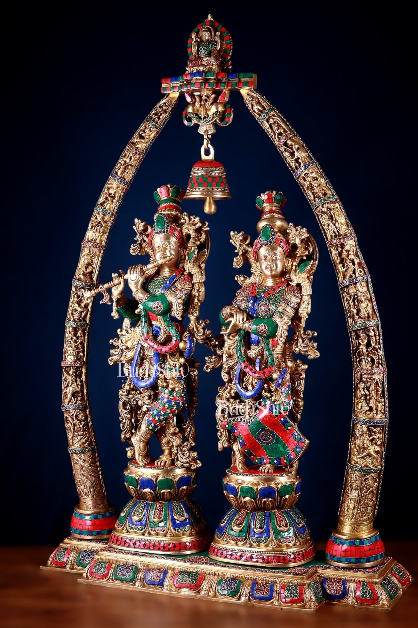 Brass Radha Krishna Idols with temple arch 45 inches - Budhshiv.com