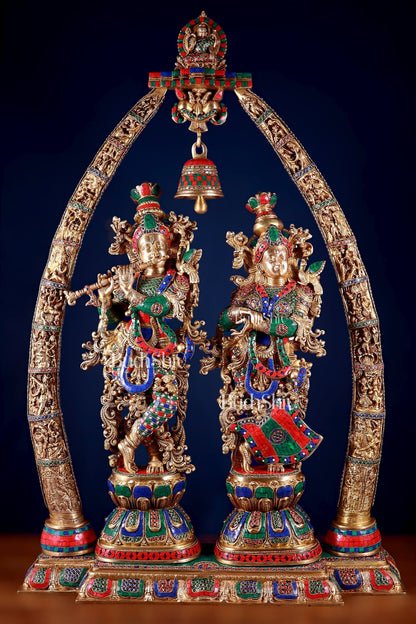 Brass Radha Krishna Idols with temple arch 45 inches - Budhshiv.com