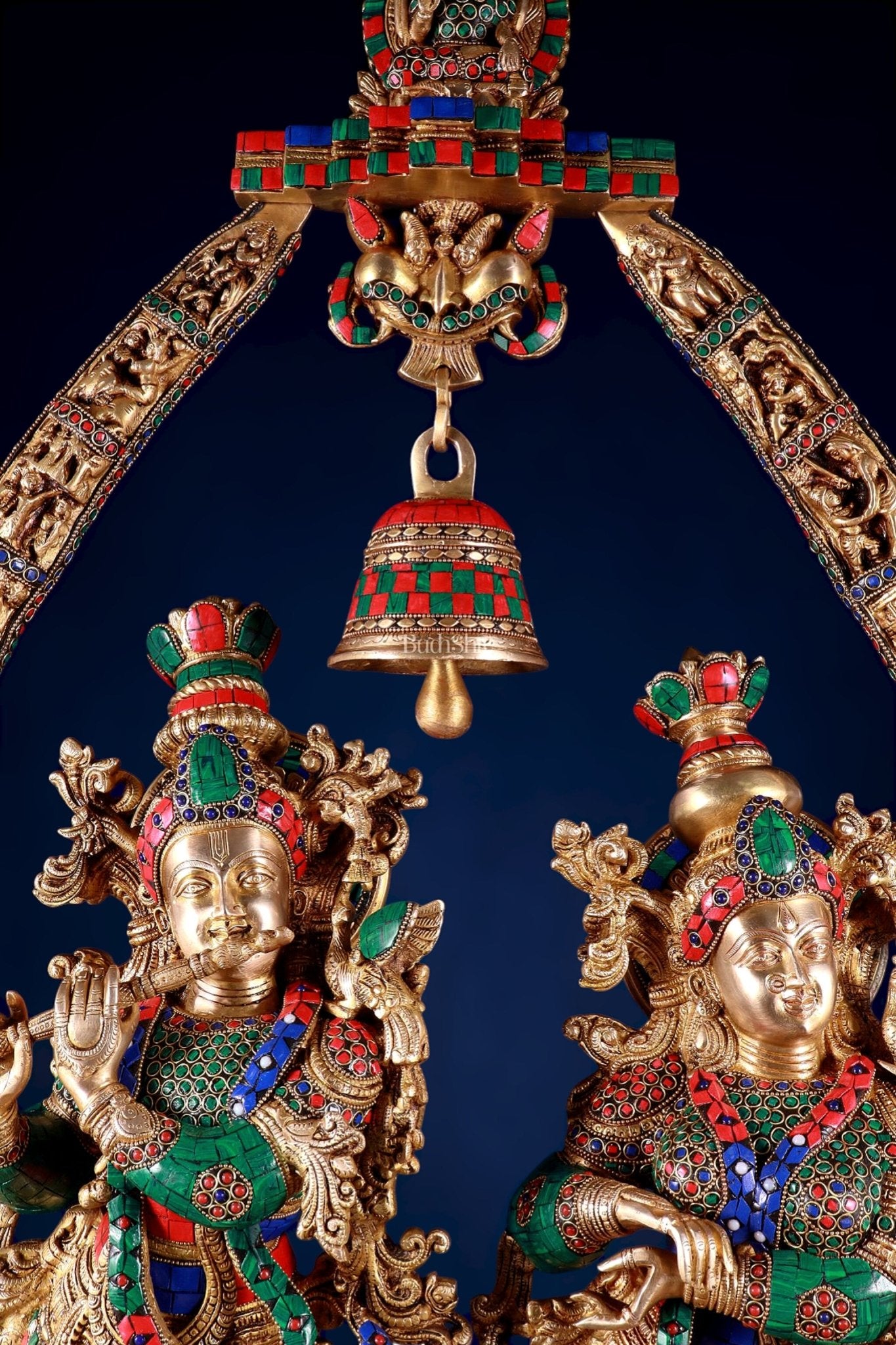 Brass Radha Krishna Idols with temple arch 45 inches - Budhshiv.com