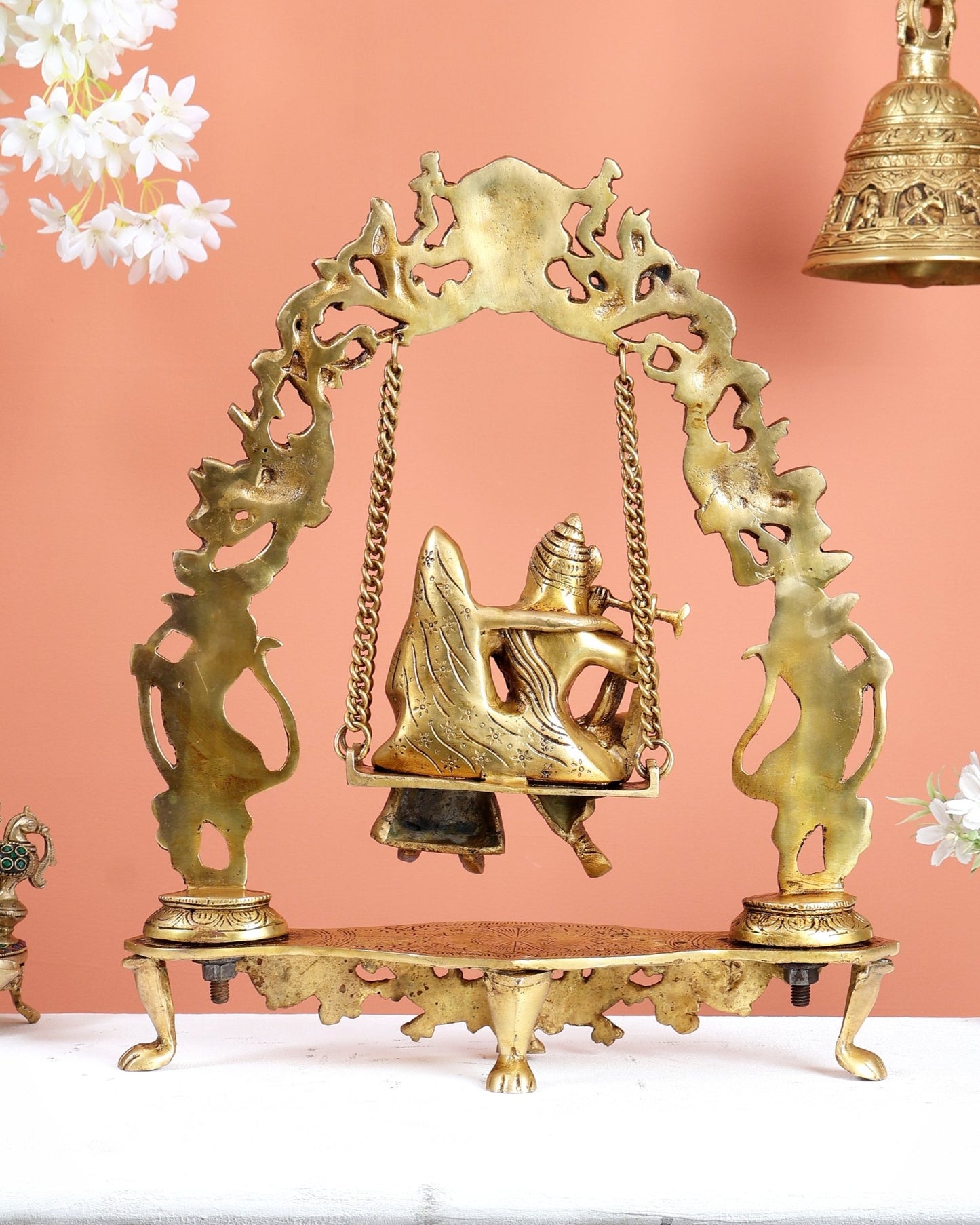 Brass Radha Krishna on Kirtimukha Prabhavali Swing – Divine Jhula Statue (18 Inches) - Budhshiv.com