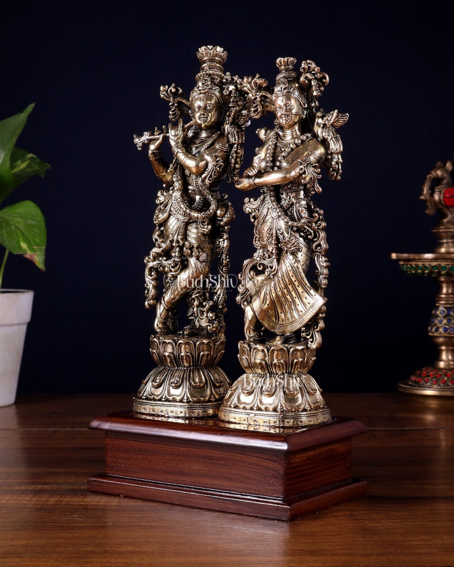 Brass Radha Krishna on Wooden Base – 9.5 inch Superfine Finish - Budhshiv.com