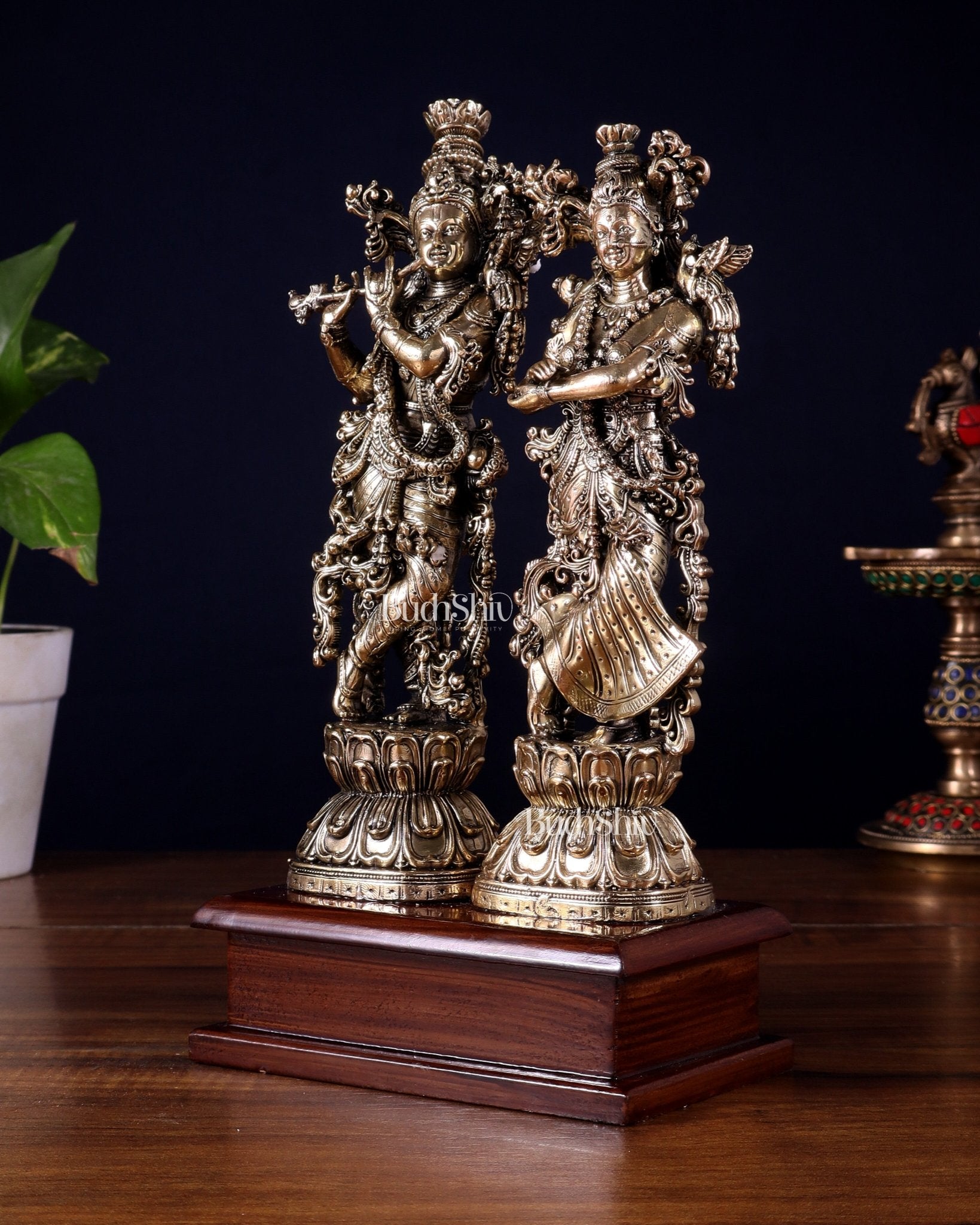 Brass Radha Krishna on Wooden Base – 9.5 inch Superfine Finish - Budhshiv.com