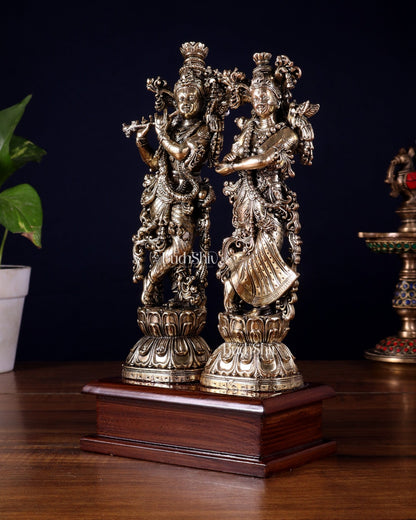 Brass Radha Krishna on Wooden Base – 9.5 inch Superfine Finish - Budhshiv.com