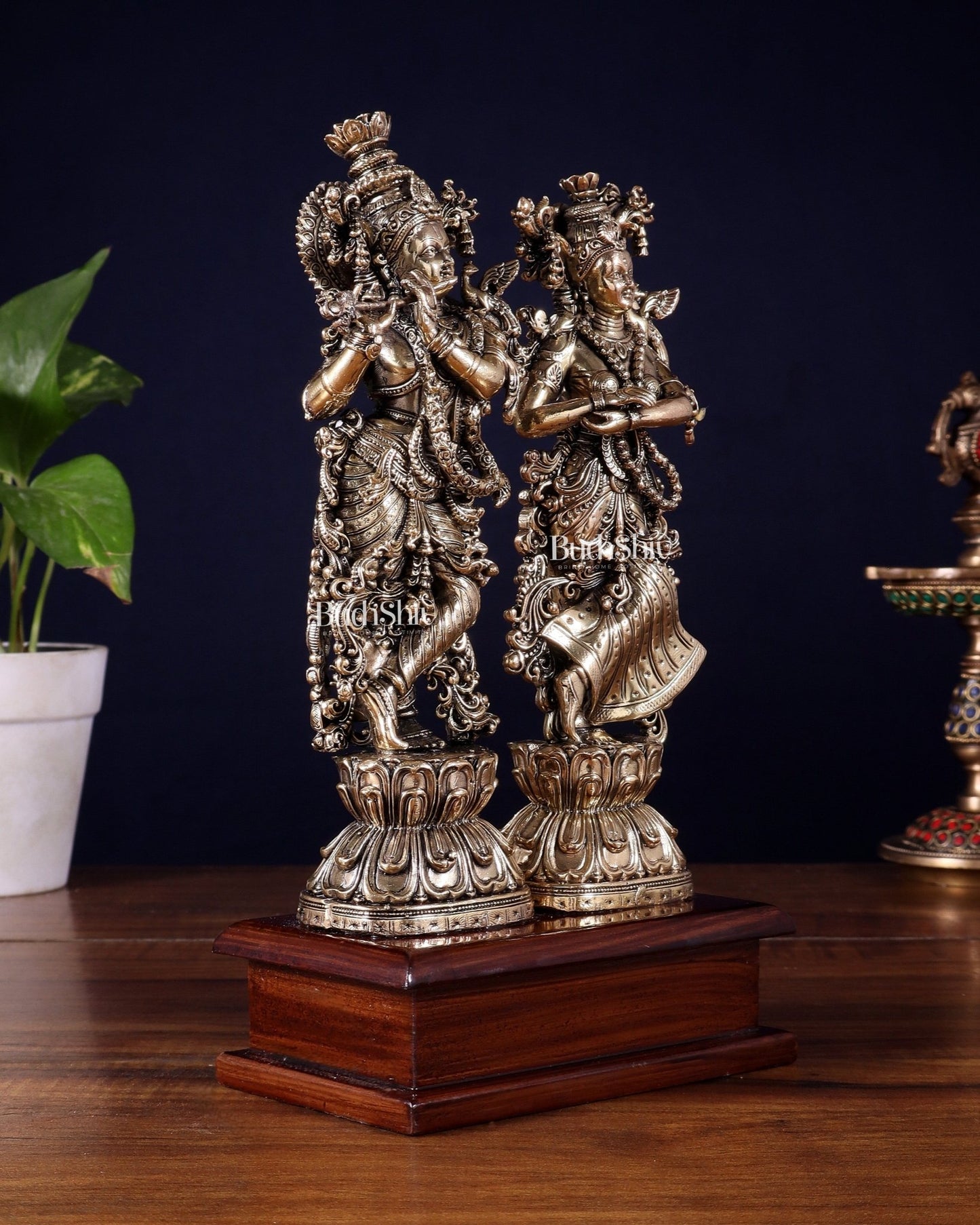 Brass Radha Krishna on Wooden Base – 9.5 inch Superfine Finish - Budhshiv.com