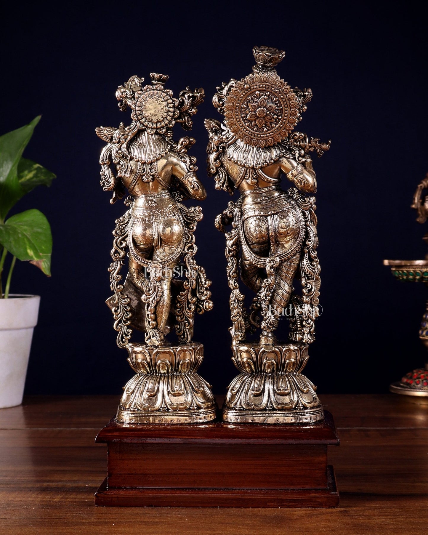 Brass Radha Krishna on Wooden Base – 9.5 inch Superfine Finish - Budhshiv.com