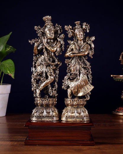 Brass Radha Krishna on Wooden Base – 9.5 inch Superfine Finish - Budhshiv.com