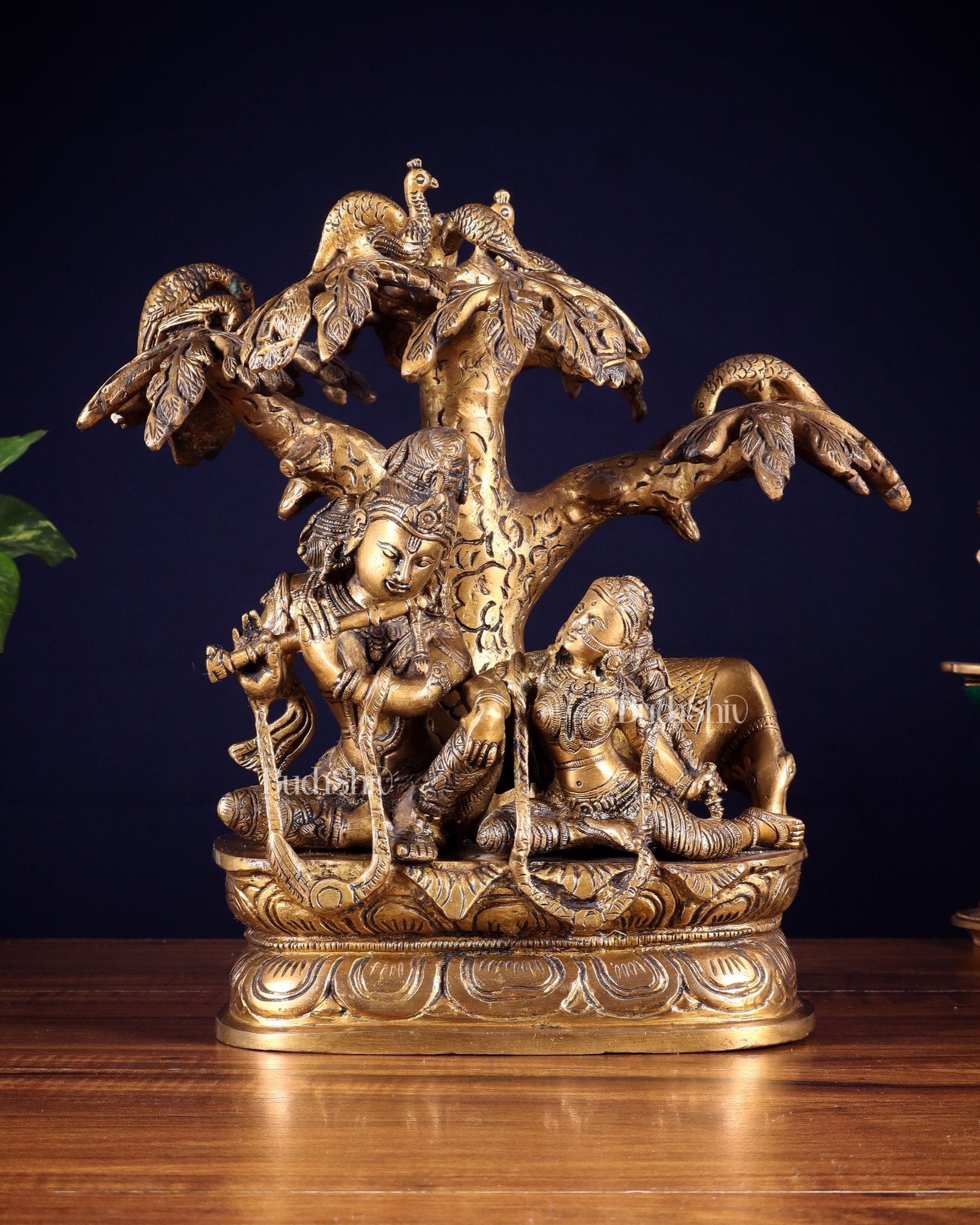 Brass Radha Krishna sitting Under Tree Idol - 10 inch - Budhshiv.com