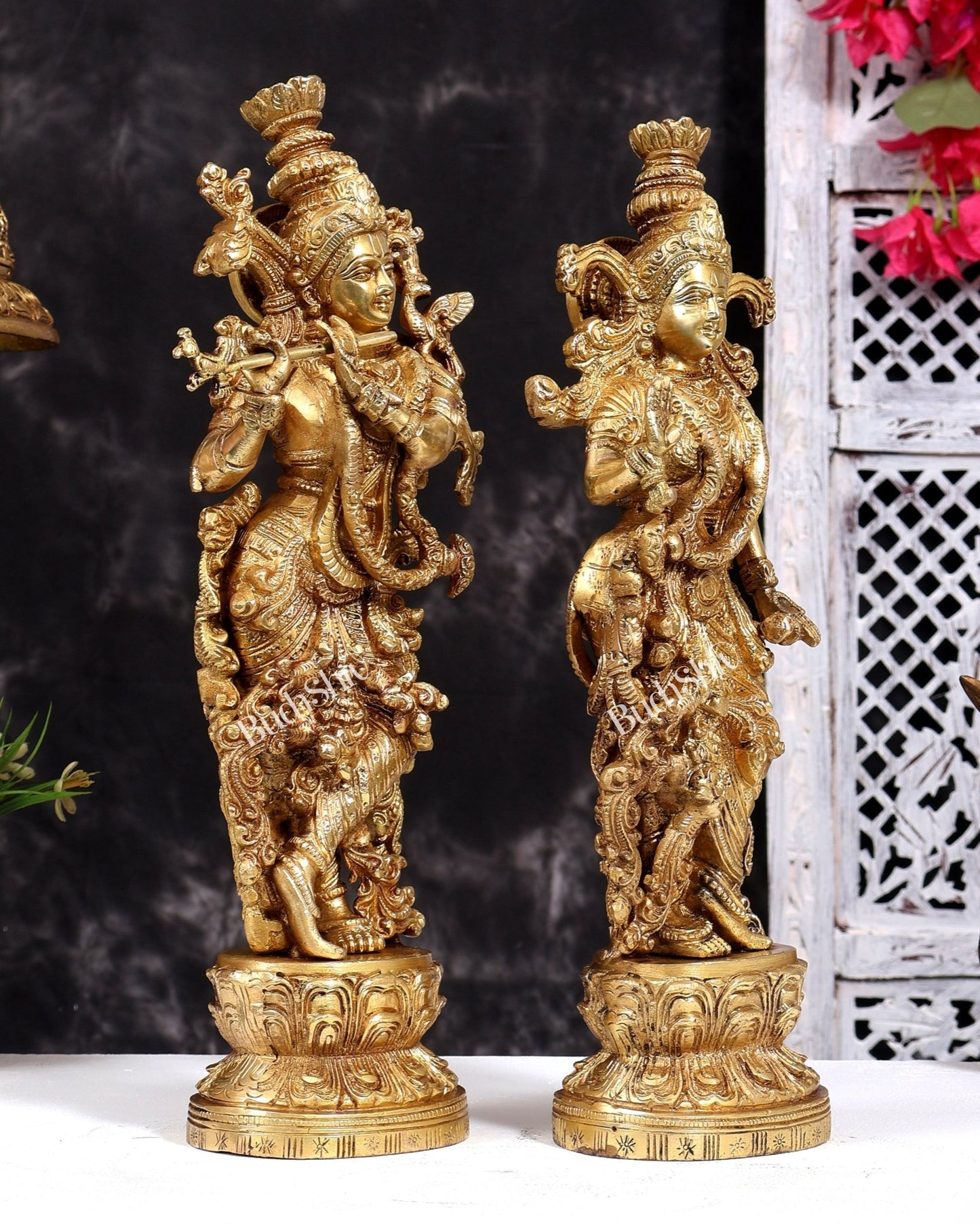 Brass Radha Krishna Statues 14 inch Natural brass gold - Budhshiv.com