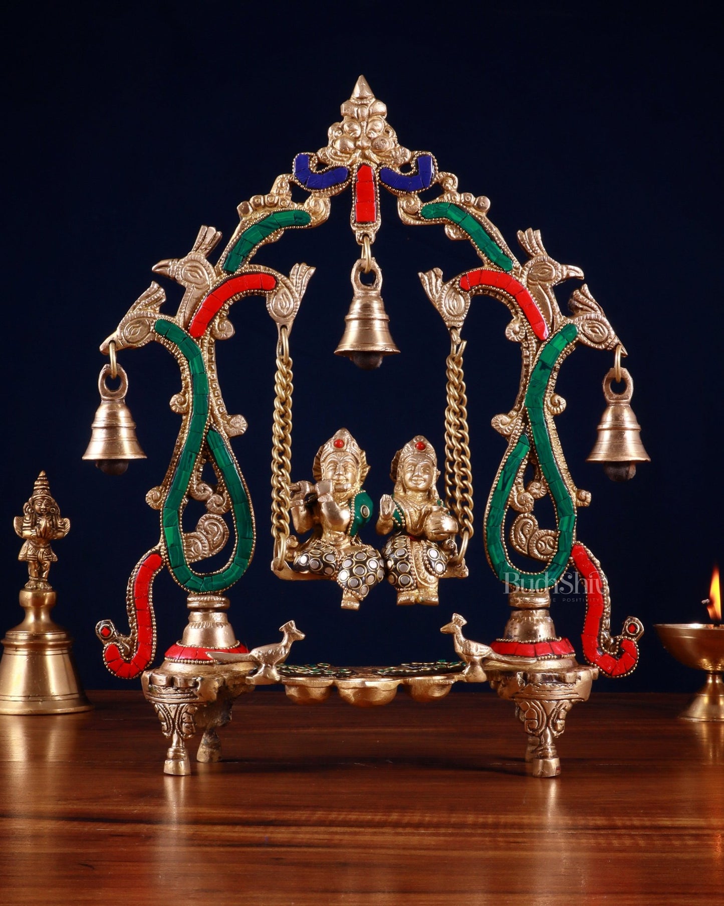 Brass Radha Krishna Swing 13.5 inch with stonework - Budhshiv.com