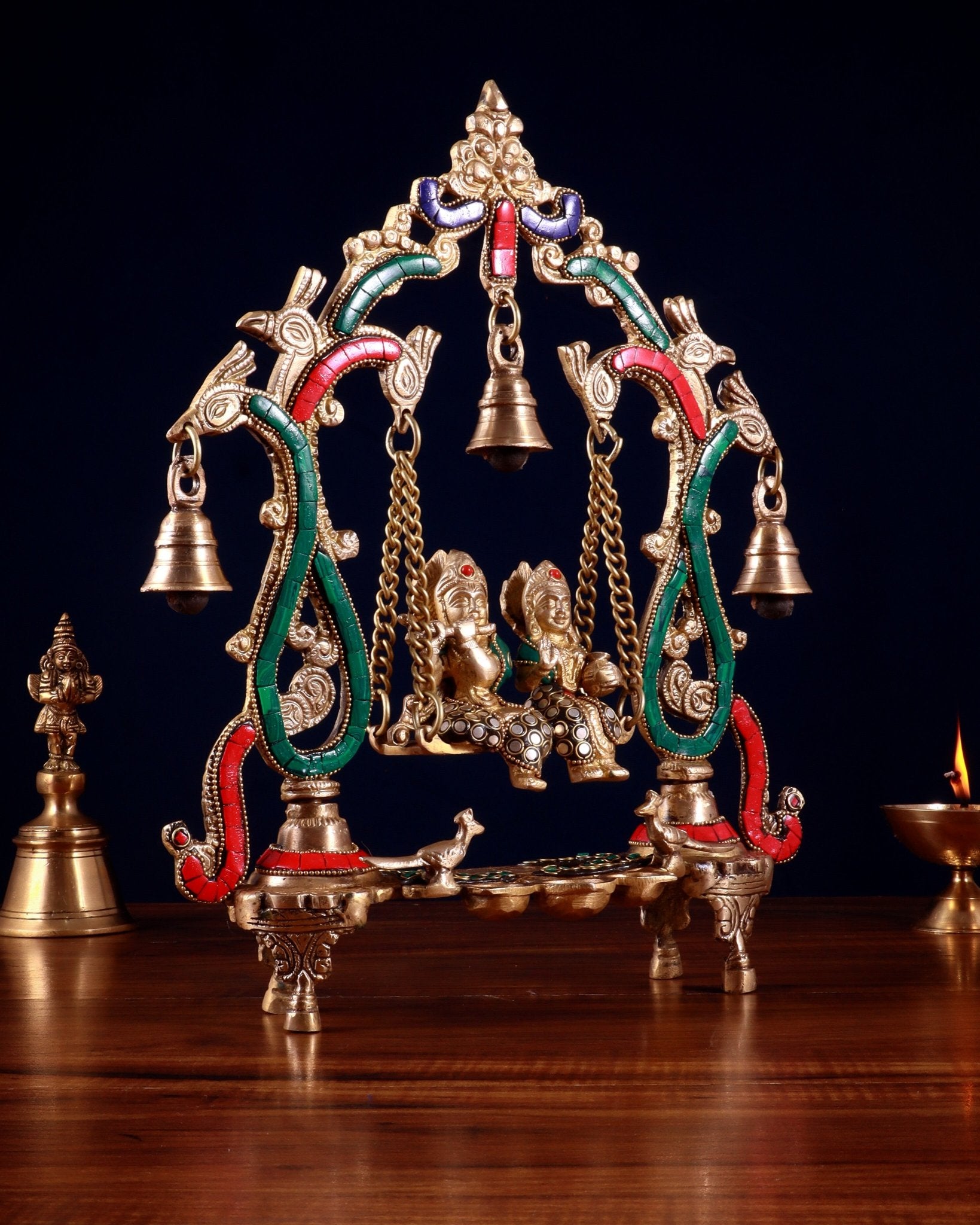 Brass Radha Krishna Swing 13.5 inch with stonework - Budhshiv.com