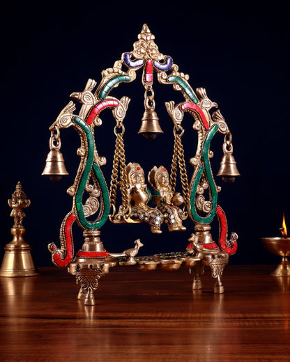 Brass Radha Krishna Swing 13.5 inch with stonework - Budhshiv.com