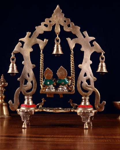 Brass Radha Krishna Swing 13.5 inch with stonework - Budhshiv.com
