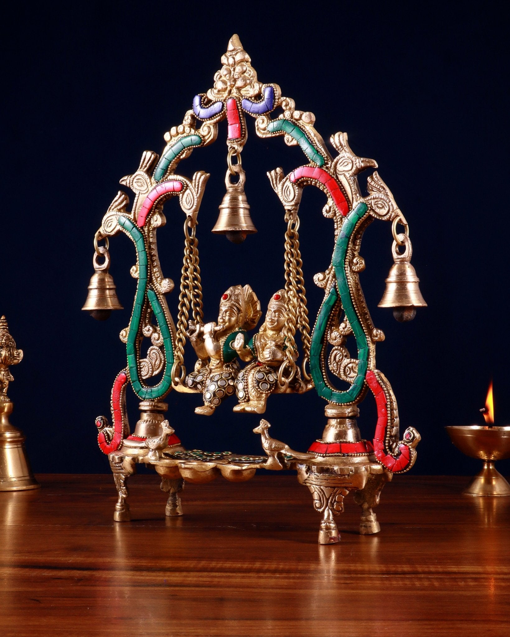 Brass Radha Krishna Swing 13.5 inch with stonework - Budhshiv.com