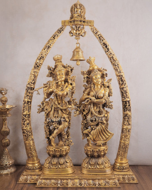 Brass Radha Krishna Temple Arch with Krishna Leelas – Superfine Carvings 45" - Budhshiv.com